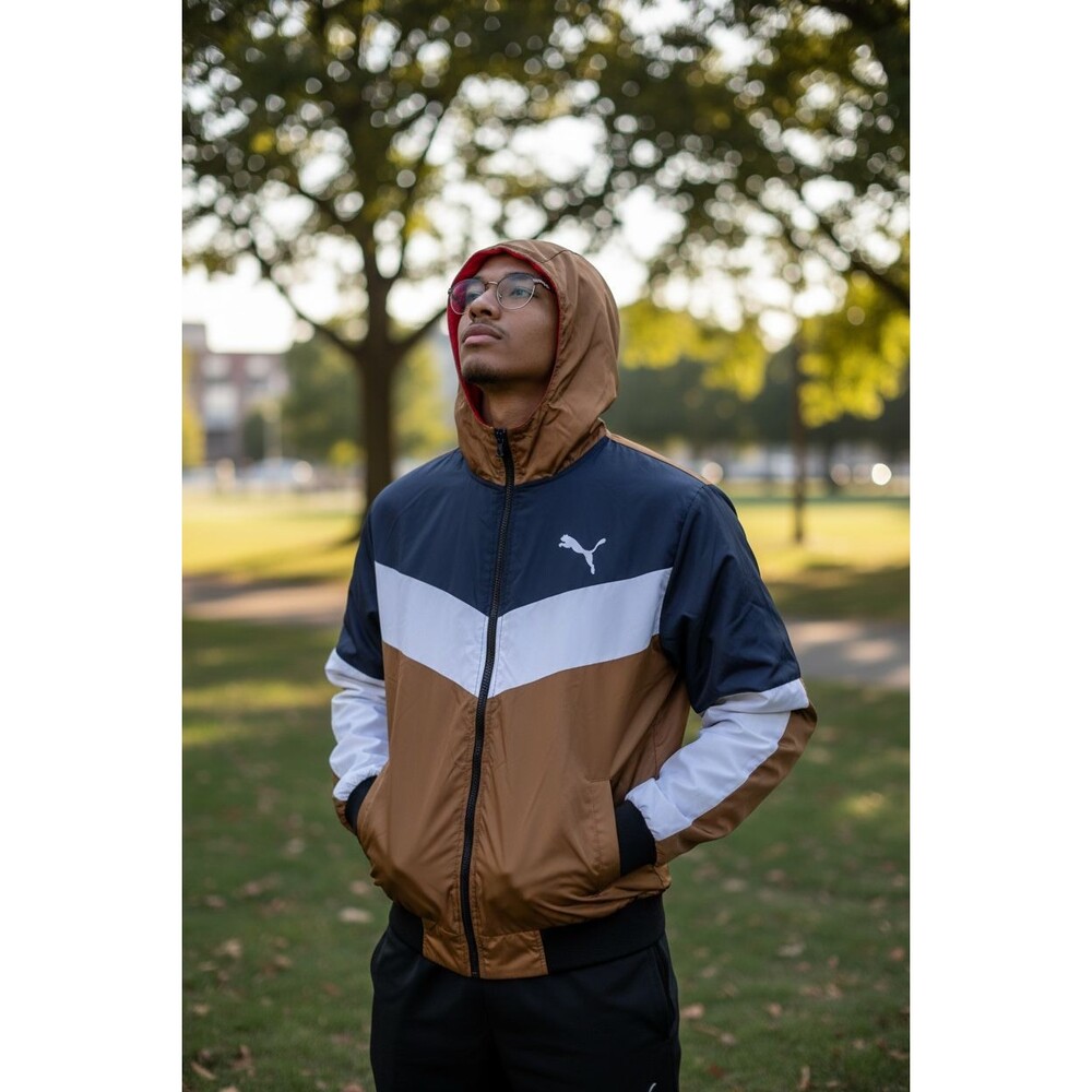 Puma Vintage Rare Wind Jacket Glanz Fleece Windbreaker Brown Blue Nylon S
